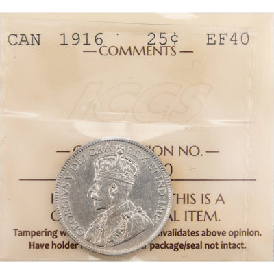 Canada 1916 25 Cents Quarter Silver Coin - EF-40
