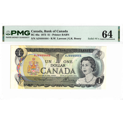 $1 1973 Bank of Canada Note AJ Prefix Solid Serial 4444444 BC-46a - PMG Ch UNC-64