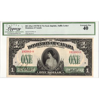 SOLD $1 1917 Dominion of Canada Note Boville No Seal Series H DC-23a-i - Legacy EF-40