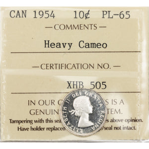 SOLD Canada 1954 10 Cents Dime Silver Coin - ICCS Proof-Like PL-65 Heavy Cameo