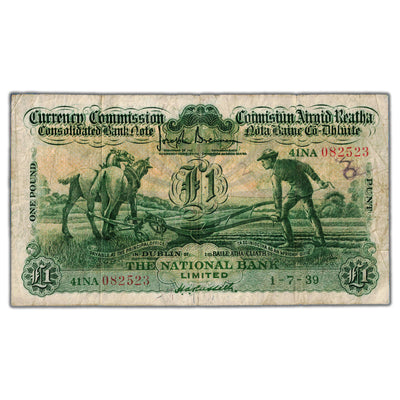 Ireland The National Bank 1939 1 One Pound "Ploughman" Note P #26 - Pencil