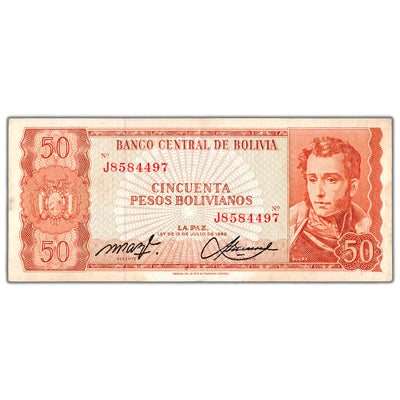 SOLD Bolivia 1962 50 Pesos Bolivianos Note P #156a - Circulated