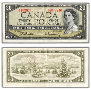 SOLD $20 1954 Bank of Canada Note Beattie-Rasminsky R/E Prefix BC-41b - Crisp VF/EF
