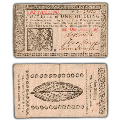 SOLD United States New Jersey 1776 1 One Shilling Colonial Note NY #175