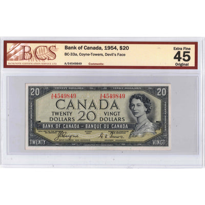 SOLD $20 1954 Bank of Canada Note Devil Face A/E Prefix BC-33a - BCS EF-45