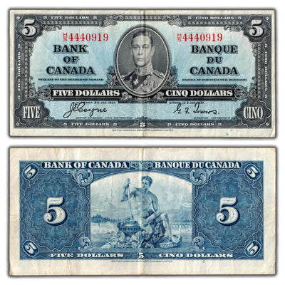 $5 1937 Bank of Canada Note Coyne-Towers H/S Final Prefix BC-23c - VF