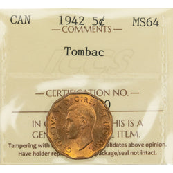 Canada 1942 Tombac 5 Cents Nickel Coin - ICCS MS-64