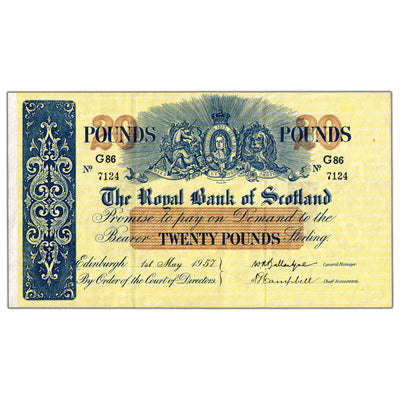 SOLD Scotland The Royal Bank of Scotland 1957 20 Twenty Pounds Note P #323c - VF+/EF