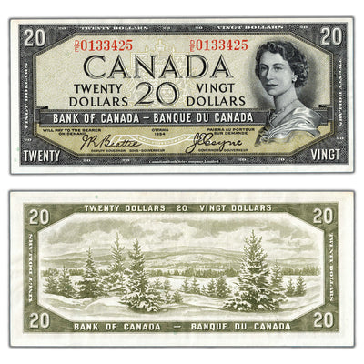 SOLD $20 1954 Bank of Canada Note Devil Face D/E Prefix BC-33b - EF/AU