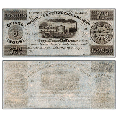 15 Sous 7 1/2 Pence 1837 Champlain & St Lawrence Rail Road Note - Remainder UNC