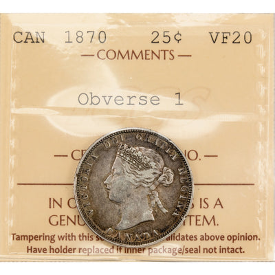 Canada 1870 Obverse 1 25 Cents Quarter Silver Coin First Year of Issue! - ICCS VF-20