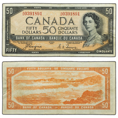 SOLD $50 1954 Bank of Canada Note Devil Face A/H Prefix BC-34a - VF
