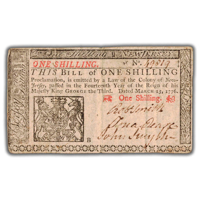 SOLD United States New Jersey 1776 1 One Shilling Colonial Note NY #175