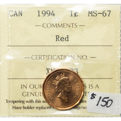SOLD Canada 1994 1 Small Cent Coin - ICCS MS-67 Red