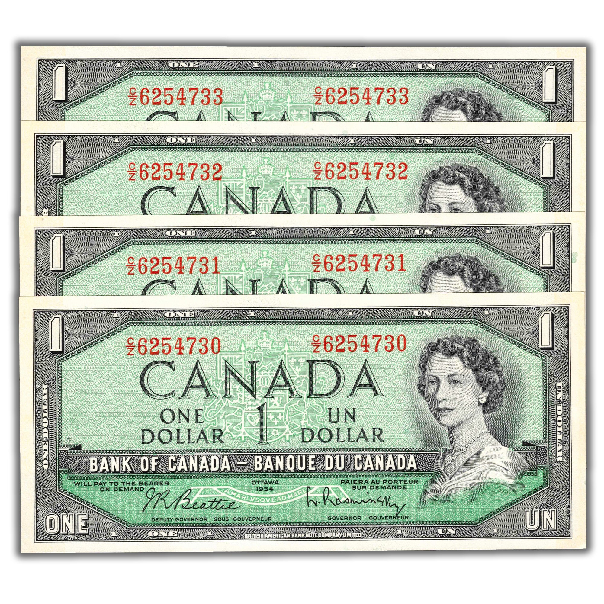 SOLD $1 1954 Bank of Canada Notes C/Z Prefix BC-37b-i - 4 Consecutive ...