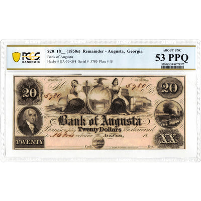 SOLD United States 1850's $20 Bank of Augusta Remainder Note - PCGS AU-53 PPQ