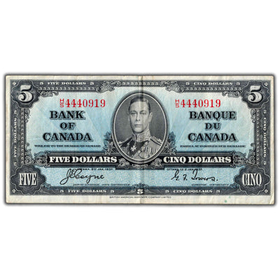 $5 1937 Bank of Canada Note Coyne-Towers H/S Final Prefix BC-23c - VF