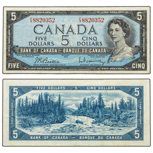 SOLD $5 1954 Bank of Canada Note Beattie-Rasminsky F/X Prefix BC-39b - VF