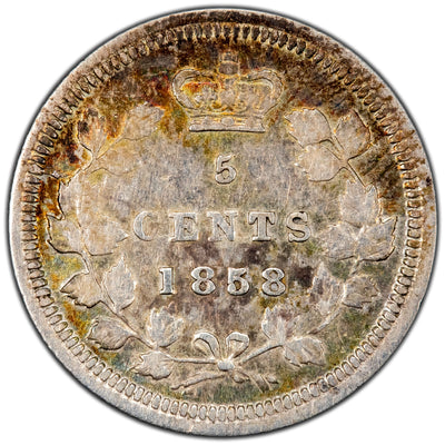 Canada 1858 Large Date RP-1 5 Cents Silver Coin - Fine (light obverse scratch)