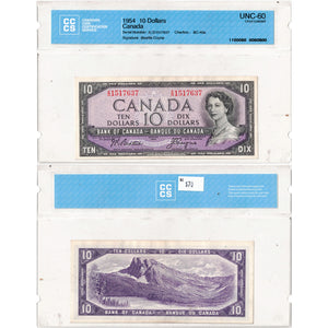 SOLD $10 1954 Bank of Canada Note Beattie-Coyne X/D Prefix BC-40a - CCCS UNC-60