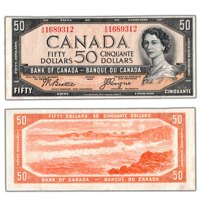 SOLD $50 1954 Bank of Canada Note Devil Face A/H Prefix BC-34b - Trimmed