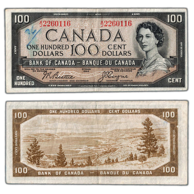 SOLD $100 1954 Bank of Canada Note Devil Face Beattie-Coyne BC-35b - Writing
