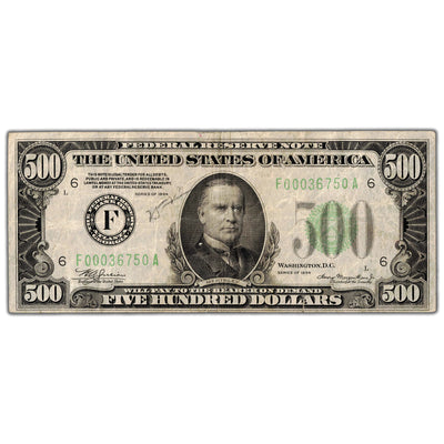SOLD United States 1934 $500 Atlanta Federal Reserve Note - Writing/Minor Holes