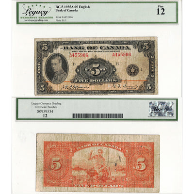 $5 1935 Bank of Canada Note English Text BC-5 - Legacy F-12