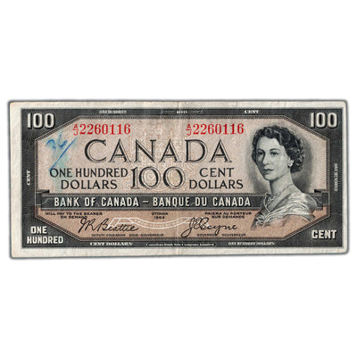 SOLD $100 1954 Bank of Canada Note Devil Face Beattie-Coyne BC-35b - Writing