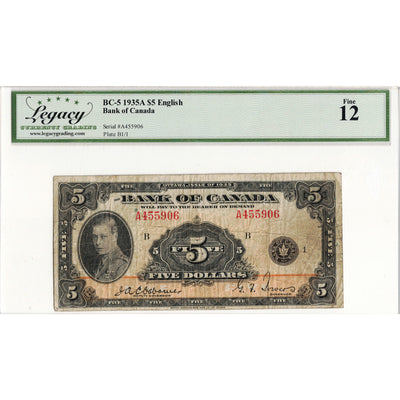 $5 1935 Bank of Canada Note English Text BC-5 - Legacy F-12