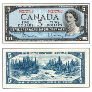 SOLD $5 1954 Bank of Canada Note Beattie-Rasminsky A/X Prefix BC-39b - AU