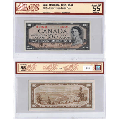 $100 1954 Bank of Canada Note Devil Face A/J Prefix BC-35a - BCS AU-55