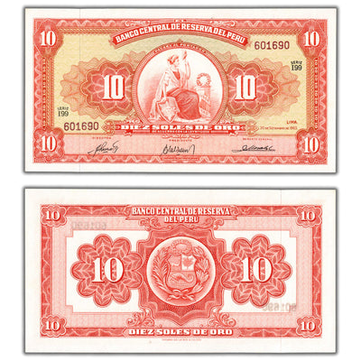 SOLD Peru 1963 10 Soles Note P #84a - Choice UNC