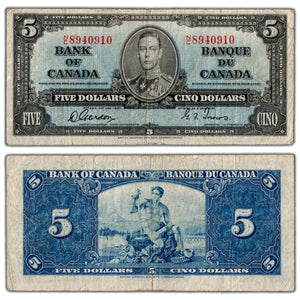 SOLD $5 1937 Bank of Canada Note Gordon-Towers N/C Prefix BC-23b - Fine
