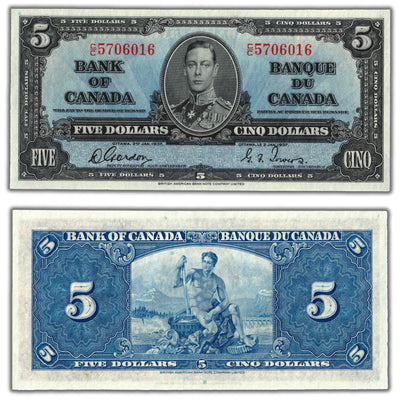 $5 1937 Bank of Canada Note Gordon-Towers C/C Prefix BC-23b - Choice UNC