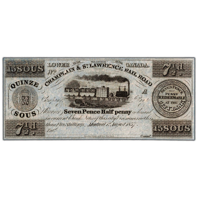 15 Sous 7 1/2 Pence 1837 Champlain & St Lawrence Rail Road Note - Remainder UNC
