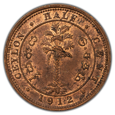 Ceylon 1912 1/2c Half Cent Coin KM #106
