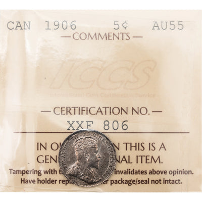 Canada 1906 5 Cents Silver Coin - ICCS AU-55