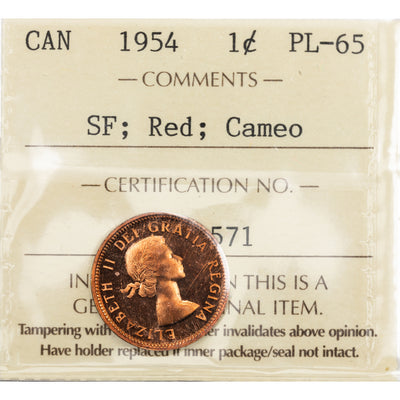 SOLD Canada 1954 SF 1 Cent Coin - ICCS Proof-Like PL-65 Cameo