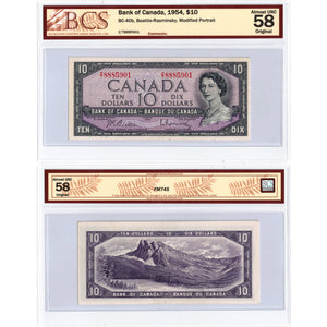 SOLD $10 1954 Bank of Canada Note Beattie-Rasminsky Z/T Prefix BC-40b - BCS AU-58