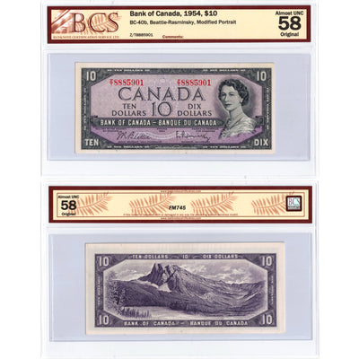 SOLD $10 1954 Bank of Canada Note Beattie-Rasminsky Z/T Prefix BC-40b - BCS AU-58