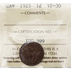 Canada 1925 1 Small Cent Coin - ICCS VF-30