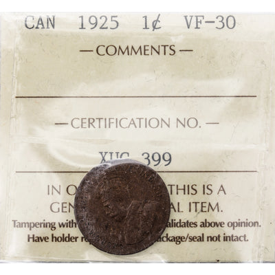 Canada 1925 1 Small Cent Coin - ICCS VF-30