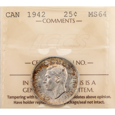 Canada 1942 25 Cents Quarter Silver Coin - MS-64