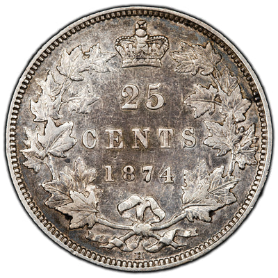 Canada 1874-H 25 Cents Quarter Silver Coin - VF/EF (cleaned/scratches)