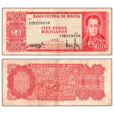 SOLD Bolivia 1962 100 Pesos Bolivianos Note P #163a - Circulated