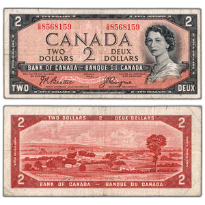 SOLD $2 1954 Bank of Canada Note Devil Face G/B Prefix BC-30b - F/VF (small Tear)