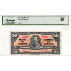 $50 1937 Bank of Canada Note Gordon-Towers B/H Prefix BC-26b - Legacy VF-25