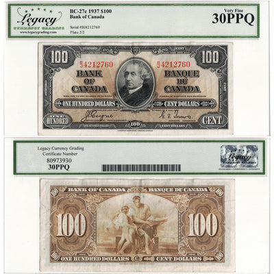 SOLD $100 1937 Bank of Canada Note Coyne-Towers B/J Prefix BC-27c - Legacy VF-30 PPQ
