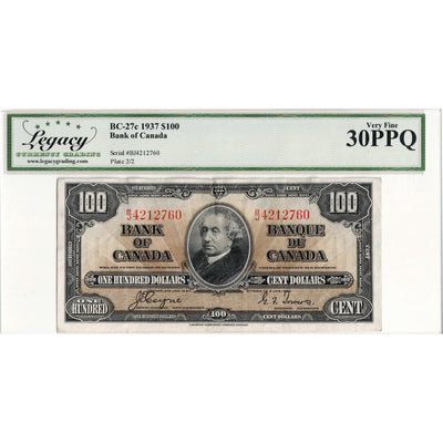SOLD $100 1937 Bank of Canada Note Coyne-Towers B/J Prefix BC-27c - Legacy VF-30 PPQ